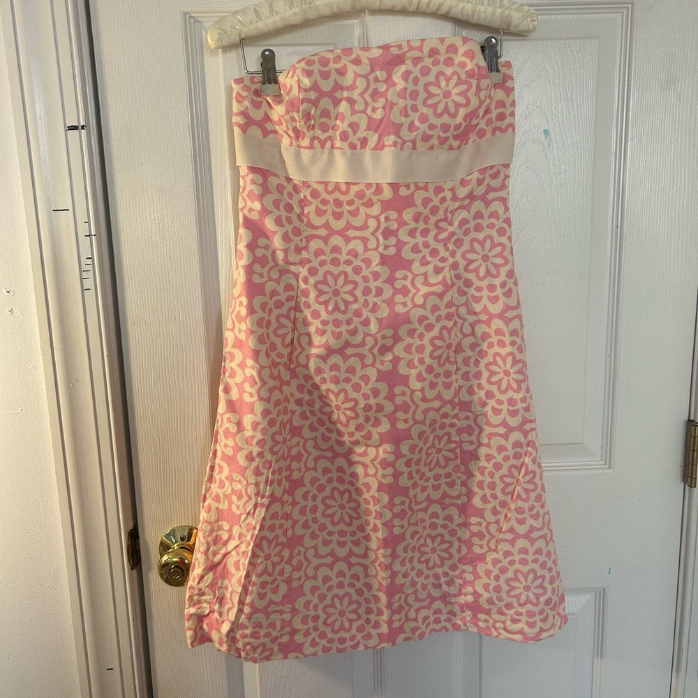 Strapless Pink & Cream Floral A-Line Dress